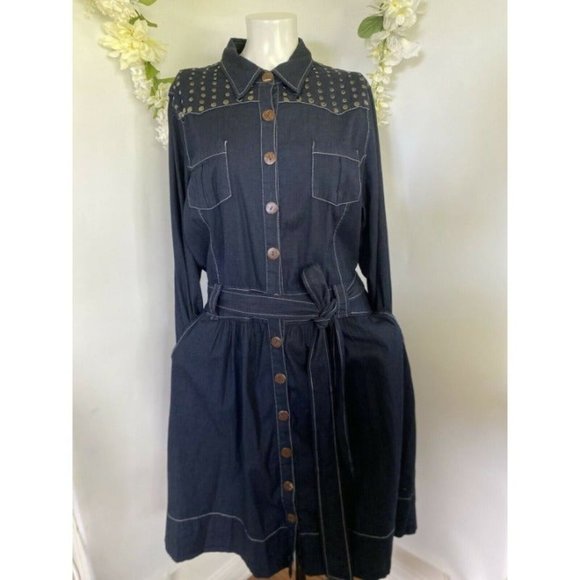 Vtg Stetson 3/4 Sleeve Studded Western Jean Dress - Picture 4 of 10
